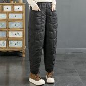女纯色2023秋冬季 文艺格子菱格羽绒棉长裤 防风保暖加厚宽松休闲裤