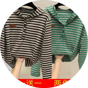 单/两件 卫衣女春秋冬季新款中年妈妈条纹连帽POLO衫长袖打底上衣