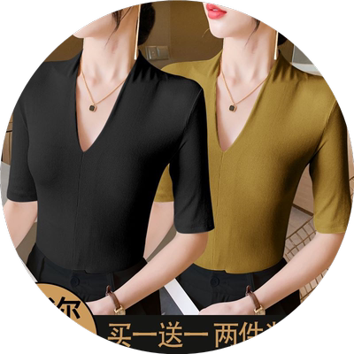 V领螺纹打底衫五分袖t恤女春上衣