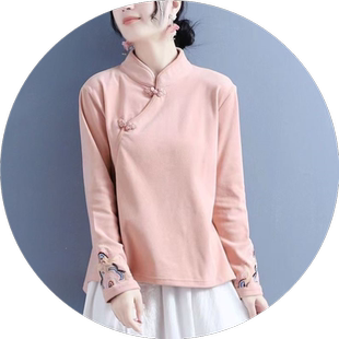 双面德绒加厚打底衫女秋冬新款刺绣立领盘扣上衣中国风茶服衬衫女