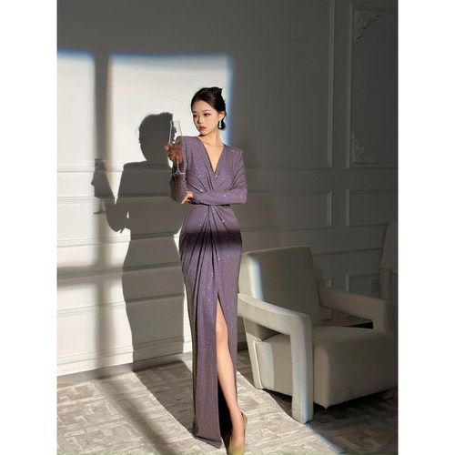 XULU原创糯肌云感烫彩钻气质优雅轻熟风褶皱纽结收腰礼服连衣裙