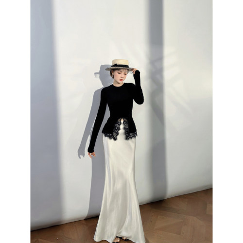 XULU原创法式纯色蕾丝针织衫圆领上衣醋酸优雅高腰包臀鱼尾半身裙