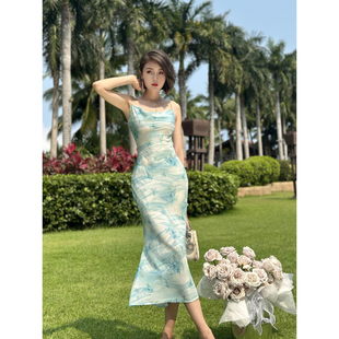 XULU原創(chuàng)蕩領(lǐng)碎花真絲印花吊帶裙夏季 度假風(fēng)氣質(zhì)顯身材斜裁連衣裙