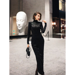 XULU原创欧洲高定雪花丝绒裙气质知性优雅半高领直角肩长袖 连衣裙