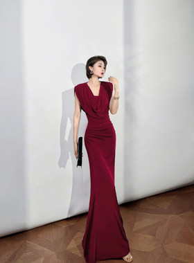 XULU原创轻奢进口冰感醋酸长裙气质优雅收腰褶皱设计荡领连衣裙