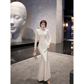 XULU原创进口钻石绒拼接蕾丝鱼尾裙腰部镂空半高领订钻长袖 连衣裙