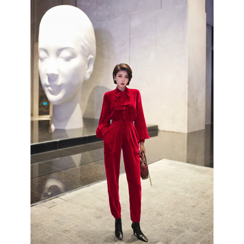 XULU原创新款真丝红色丝绒法式轻奢系带高腰修身泡泡袖松紧连体裤,女装/女士精品,连体衣/裤,淘宝优惠券,粉丝福利购,淘宝优惠卷