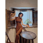 XULU原创夏季 开叉连衣裙 醋酸波纹肌理高弹改良旗袍复古气质包肩袖