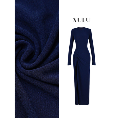 XULU原创简约纯色进口颗粒水晶麻纱包臀裙气质褶皱修身圆领连衣裙