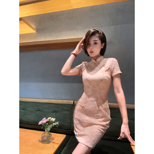 XULU原创氨纶网亮片优雅弹力改良旗袍修身女人味珠链短款连衣裙