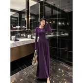 XULU原创秋季 美利诺慕斯绒优雅圆领长袖 大摆裙收腰A字裙连衣裙