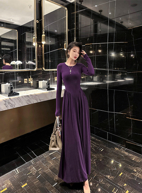 XULU原创秋季美利诺慕斯绒优雅圆领长袖大摆裙收腰A字裙连衣裙