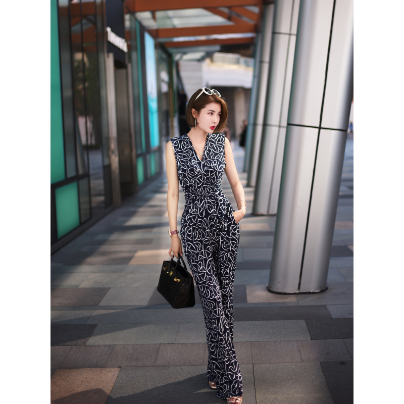 xulu原创水晶麻纱印花气质显身材本布腰带无袖v领宽松阔腿连体裤