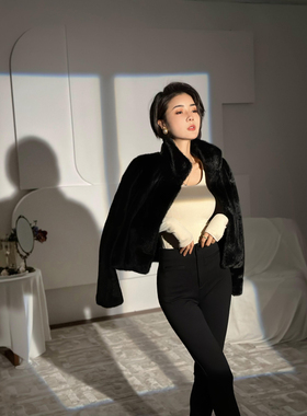 XULU原创宝嘉美黑水貂环保毛黑色高级感气质百搭立领长袖短外套