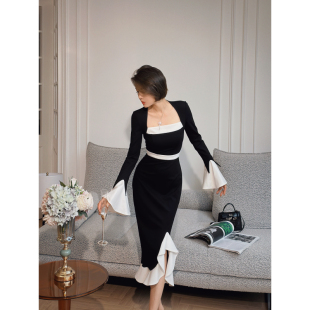 XULU原创春夏款 收腰不规则连衣裙 罗马布撞色气质鱼尾裙方领喇叭袖