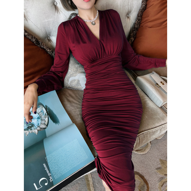 XULU原创进口轻奢纯色冰丝时尚气质显身材褶皱高腰长袖V领连衣裙,女装/女士精品,连衣裙,淘宝优惠券,粉丝福利购,淘宝优惠卷