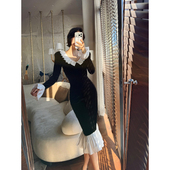 XULU原创赫本千金风复古丝绒黑色荷叶边V领显瘦中长款 鱼尾连衣裙