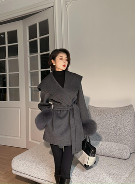 XULU原创秋冬baby小山羊绒+棉羊毛全手工双面呢大衣灰色系带外套