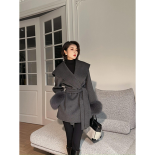 XULU原创秋冬baby小山羊绒 棉羊毛全手工双面呢大衣灰色系带外套