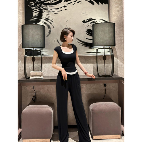 XULU原创优可丝罗纹圆领假两件短袖上衣松紧腰阔腿裤休闲裤套装