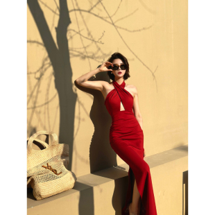 XULU原创新款 腰部镂空连衣裙 纯色罗马布性感包臀裙交叉削肩修身