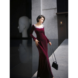 连衣裙 长袖 XULU原创轻奢法式 丝绒优雅鱼尾裙气质性感小众黑色修身