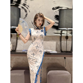 XULU原创水晶麻纱拼蕾丝花边气质显身材高腰斜襟盘扣无袖 立领旗袍