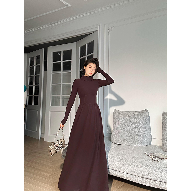 XULU原创秋冬新款多拉德绒纯色A字长裙气质修身长袖半高领连衣裙