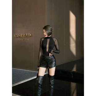 打底连体衣 高领长袖 XULU原创春夏新款 针织人棉拼接氨纶网上衣修身