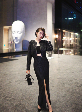 XULU原创气质黑色压花针织圆领长袖外套高腰前叉长款半身裙套装