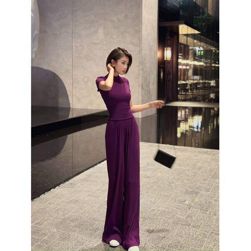 XULU原创春夏纯色罗纹高腰阔腿裤百搭半高领短袖短上衣两件套装