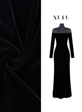 XULU原创轻奢黑色丝绒拼透视网性感高腰修身显瘦长袖高领连衣裙