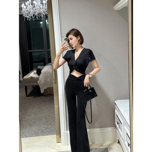 XULU原创黑色铜氨丝修身扭结上衣女气质设计感高腰显瘦微喇阔腿裤