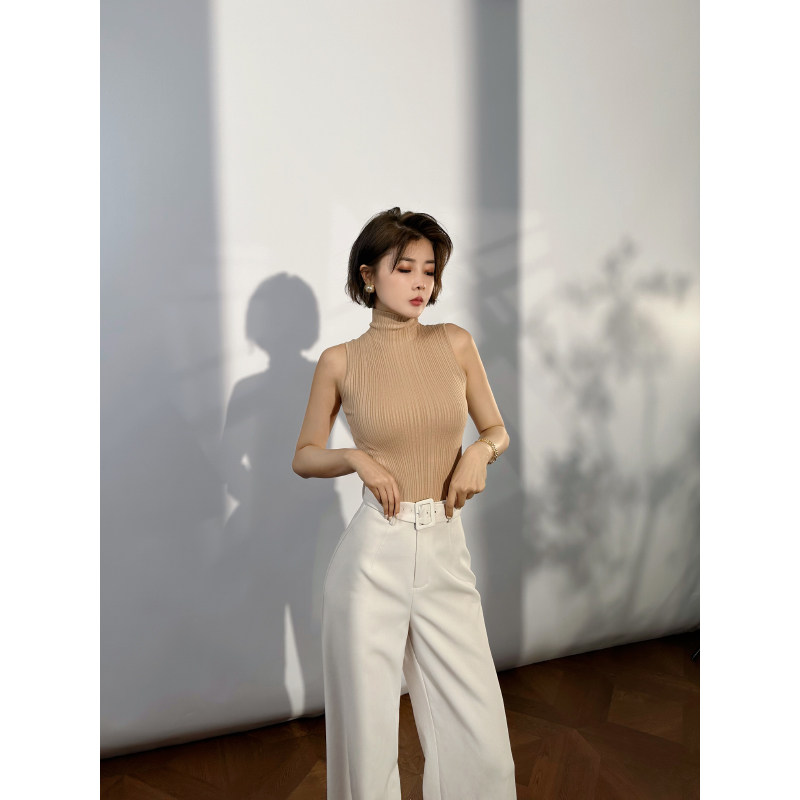 XULU原创春夏新款丝光线坑条针织高领打底衫气质修身无袖短上衣