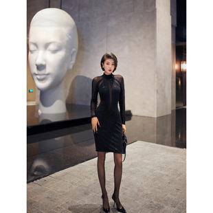 XULU原创针织亮片气质性感黑色包臀拼接氨纶网优雅高领长袖 连衣裙