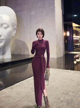 XULU原创进口美利诺羊绒针织紫色修身优雅系扣飘带半高领连衣裙