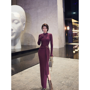 XULU原创进口美利诺羊绒针织紫色修身优雅系扣飘带半高领连衣裙