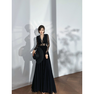 镂空蕾丝拼接雪纺网纱性感修身 V领连衣裙 黑色法式 XULU原创春季