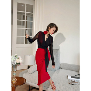 水晶麻拼氨纶网包臀裙撞色高弹系带长袖 V领连衣裙 款 XULU原创春季