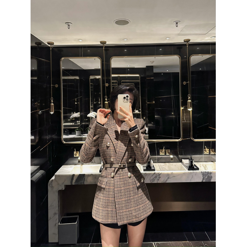 XULU原创秋冬新款进口羊毛千鸟格纹外套高级干练双排扣收腰西装