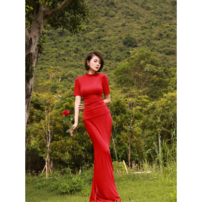 XULU原创醋酸优雅高阶时髦中袖T恤上衣修身显瘦高腰半身裙两件套