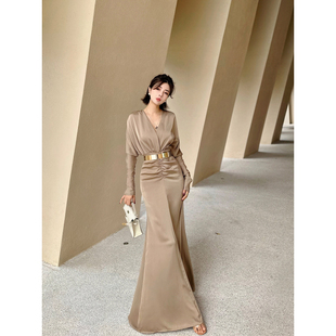 XULU原创法式 V领连衣裙 高级缎面高腰包臀裙小腹抽褶显瘦长袖