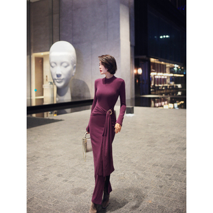 XULU原创进口美利诺羊绒针织紫色修身 优雅系扣飘带半高领连衣裙