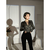 性感纽结V领长袖 XULU原创纯色压胶菱形烫金针织打底衫 修身 上衣