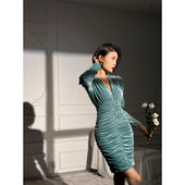 褶皱羊腿袖 XULU原创时尚 闪片压皱肌理丝绒包臀裙气质修身 连衣裙