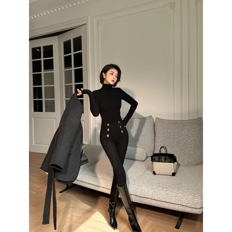 XULU原创秋冬罗马布弹力修身加绒铅笔裤黑色百搭时髦感高腰长裤