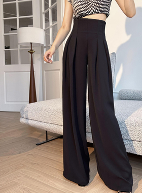 XULU原创春夏黑色高弹丝宽松百搭长裤高腰鱼骨收腰显瘦褶皱阔腿裤