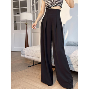 XULU原创春夏黑色高弹丝宽松百搭长裤 高腰鱼骨收腰显瘦褶皱阔腿裤