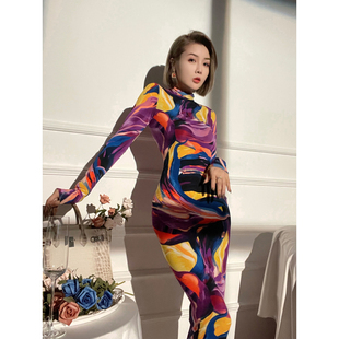 连衣裙 显瘦长袖 XULU原创时尚 通勤定染印花长裙高阶气质修身