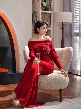 XULU原创法式气质红色麻纱重工珠片绣花大气蝙蝠袖修身高腰连衣裙